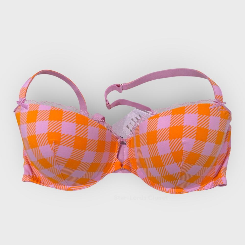 Savage X Fenty Gingham Remix Padded Low Balconette Bra | 36DD | Pink Orange